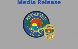 Grey background with Marco Island Police Patch and Badge in the center. Title Media Release