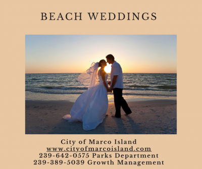 Picture of a bride and groom on the beach for sunset. Infographic has contact # for growth management and parks department