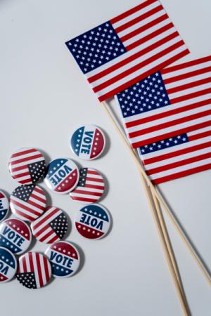 American Flags pictures next to buttons that say Vote and buttons that have the American Flag on them