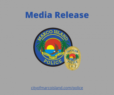 Grey background with Marco Island Police Patch and Badge in the center. Title Media Release
